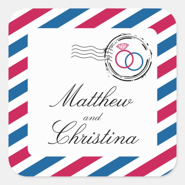 Airmail Stamp and Wedding Rings Square Sticker (Front)