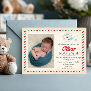 Airmail Themed New Baby Announcement Card