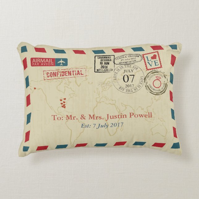 Airmail Wedding Travel Theme Decorative Pillow (Front)