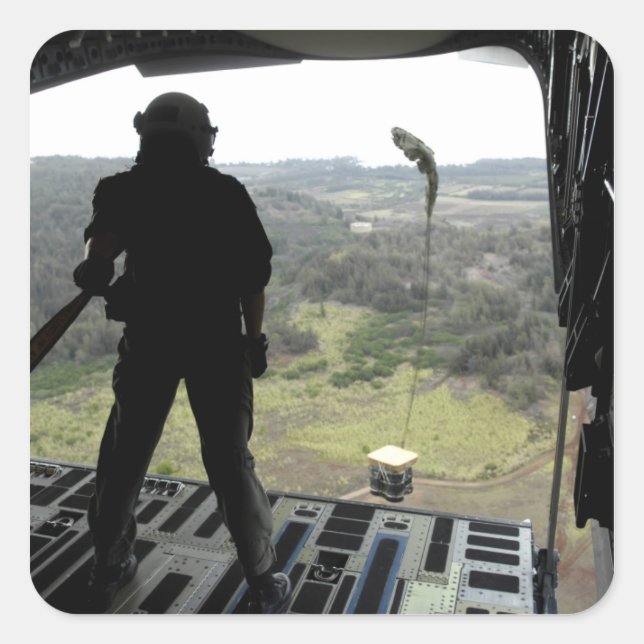 Airman watches a practice bundle fall square sticker (Front)