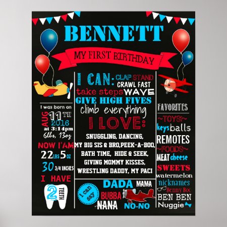 Airplains First Birthday Chalkboard Sign,16x20 Poster
