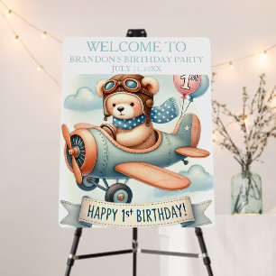 Airplane 1st Birthday Bear Boy Party Welcome Sign