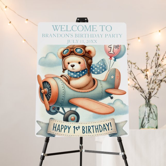 Airplane 1st Birthday Bear Boy Party Welcome Sign (In Situ (Stand))