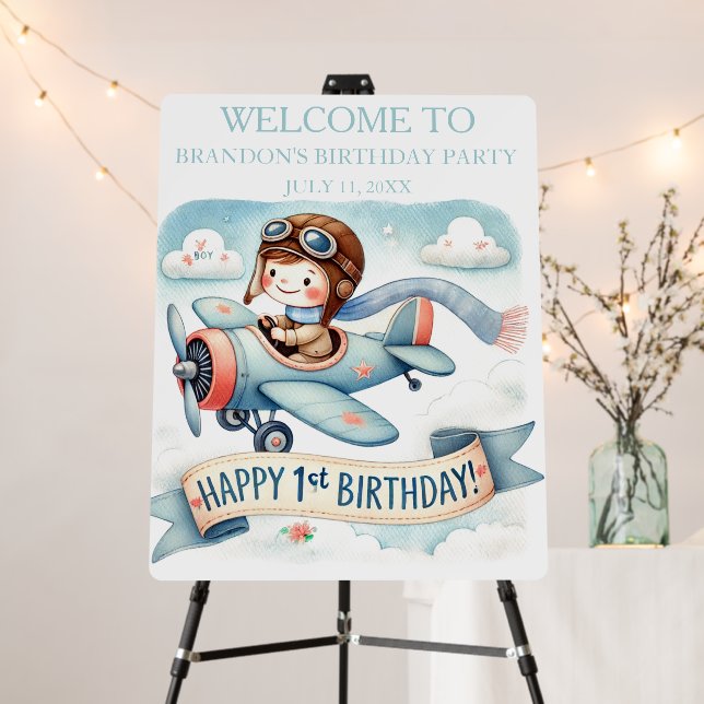 Airplane 1st Birthday Boy Party Welcome Sign (In Situ (Stand))