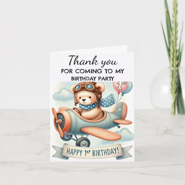 Airplane 1st Birthday Party Boy Cute Thank You Card (Front)