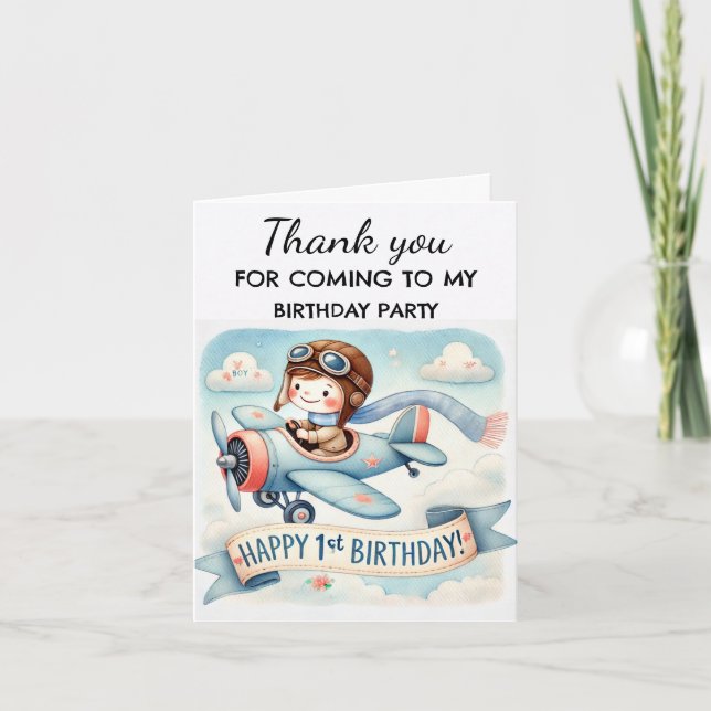 Airplane 1st Birthday Party Boy Cute Thank You Card (Front)