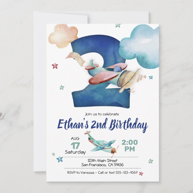 Airplane 2nd Birthday Invitation - Airplane Theme (Front)