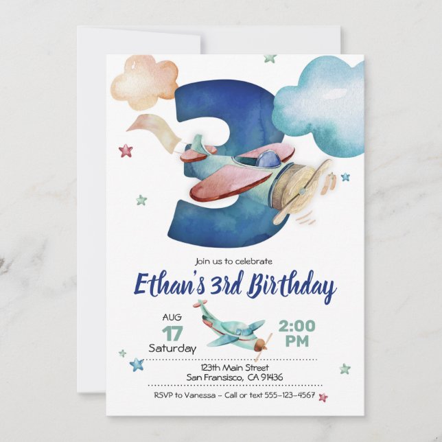 Airplane 3rd Birthday Invitation - Airplane Theme (Front)