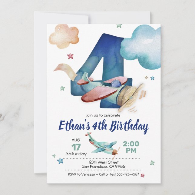 Airplane 4th Birthday Invitation - Airplane Theme (Front)