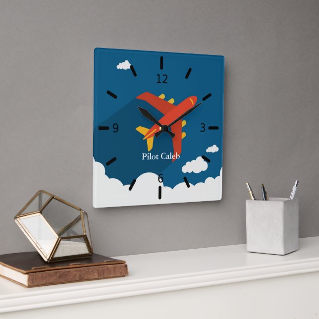 Airplane Above Clouds Personalized Gift for Boys Square Wall Clock (Office)