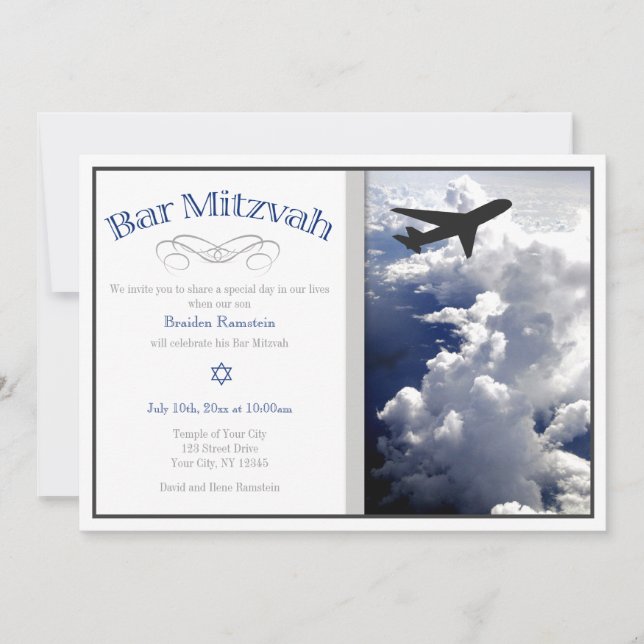 Airplane Above the Clouds Bar Mitzvah Invitations (Front)