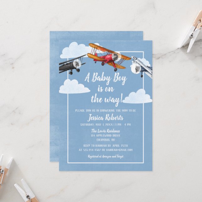 Airplane Adventure Baby Boy Shower Invitation (Front/Back In Situ)