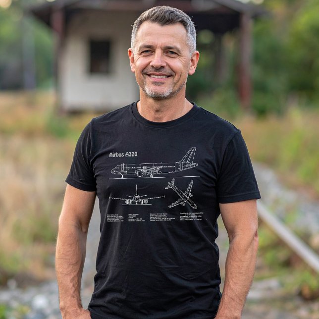 Airplane Airbus A320 in Blueprint Drawing PD T-Shirt (Airplane Airbus A320 in Blueprint Drawing PD. Men Basic Black T-Shirt)