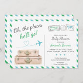 Airplane Airline Green Blue Travel Boy Baby Shower Invitation (Front/Back)