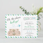Airplane Airline Green Blue Travel Boy Baby Shower Invitation (Standing Front)