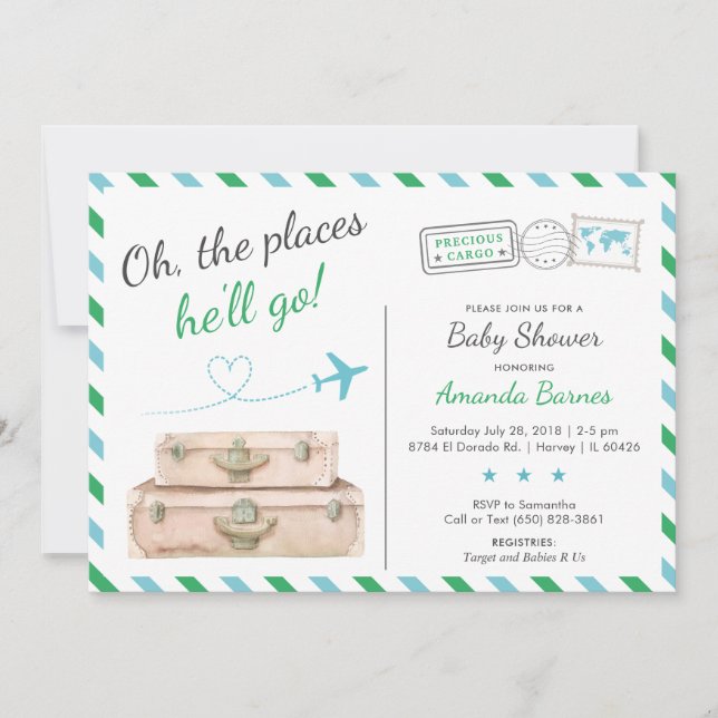 Airplane Airline Green Blue Travel Boy Baby Shower Invitation (Front)
