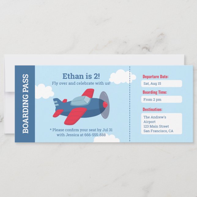 Airplane Airline Ticket Boys Birthday Party  Invitation (Front)