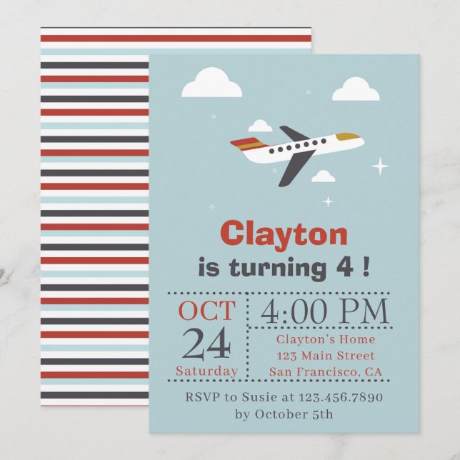 Airplane and Clouds Kids Birthday Party Invitation (Front/Back)