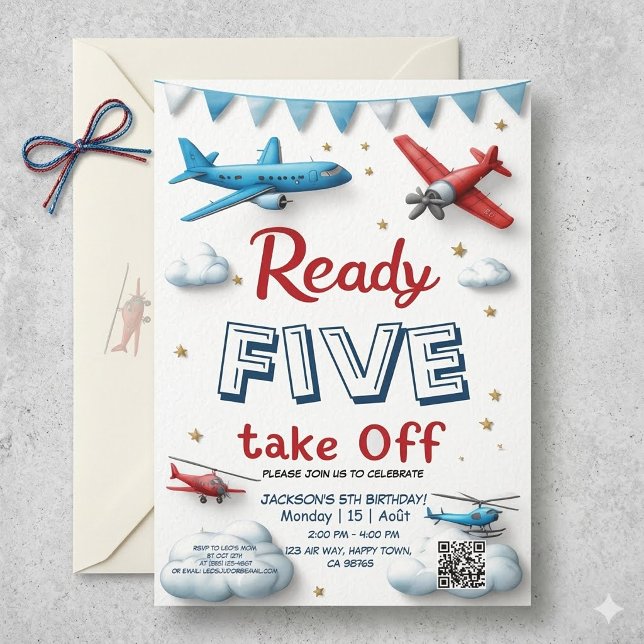 Airplane Aviation 5th Birthday Ready Five Take Off Invitation (Creator Uploaded)