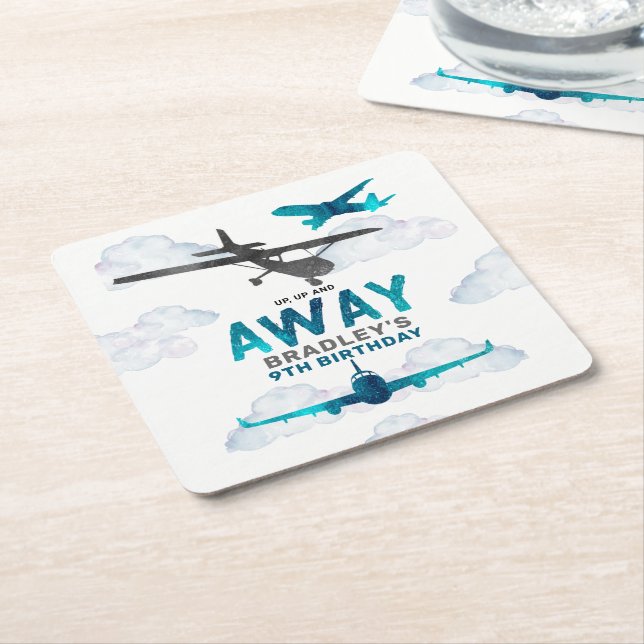 Airplane Aviation Any Age Birthday Party Square Paper Coaster (Angled)