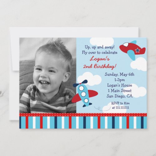 Airplane Aviator Boy Photo Birthday Invitations