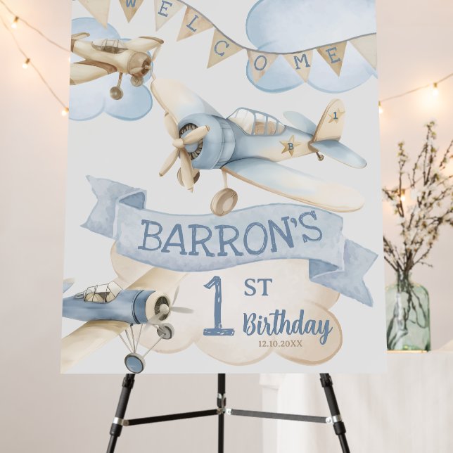 Airplane Aviator Pilot 1st Birthday Welcome Sign (In Situ (Stand))