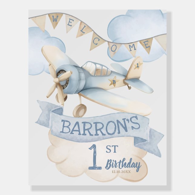 Airplane Aviator Pilot 1st Birthday Welcome Sign (Front)