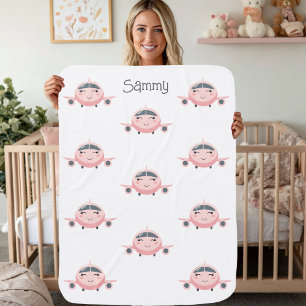 Airplane Baby Girl Pink Grey Cute Personalized Blanket