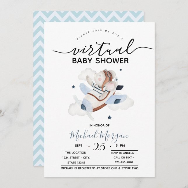 Airplane Baby Mouse  Zigzag Virtual Baby Shower Invitation (Front/Back)