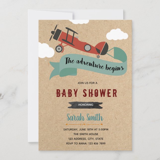 Airplane baby shower birthday invitation (Front)