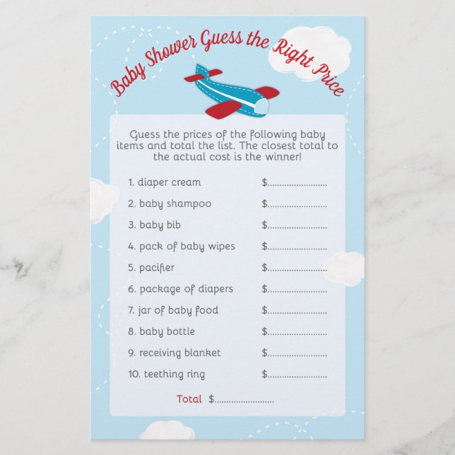 Airplane Baby Shower Guess Right Price (Front)