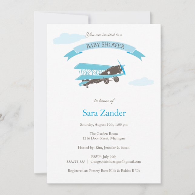 Airplane  Baby Shower Invitation - Blue and Brown (Front)