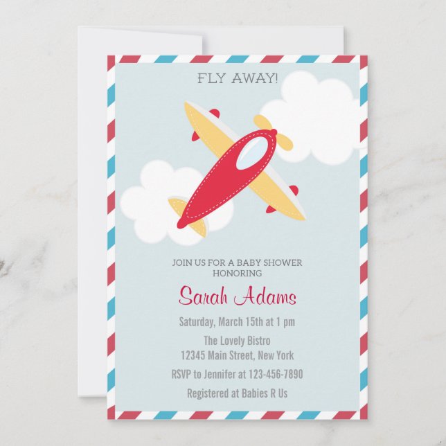 Airplane Baby Shower Invitation Blue Red (Front)