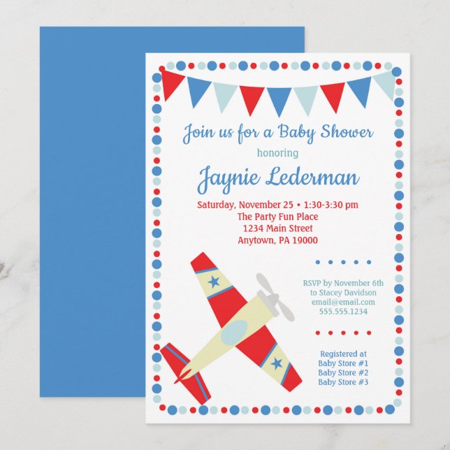 Airplane Baby Shower Invitation Boy Baby (Front/Back)