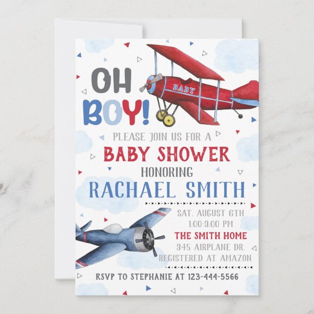 Airplane Baby Shower Invitation, Boy Baby Shower Invitation (Front)