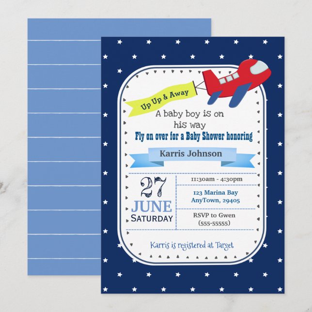 Airplane Baby Shower Invitation Red and Navy Blue (Front/Back)