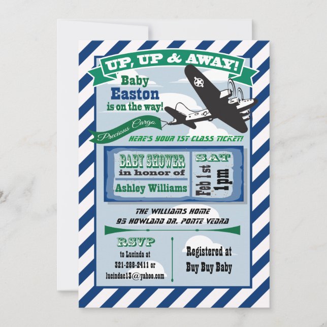 Airplane baby shower invitation ticket CUSTOM (Front)
