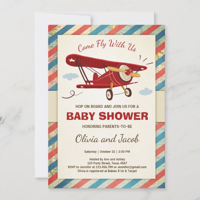 Airplane Baby Shower Invitation Travel Adventure (Front)