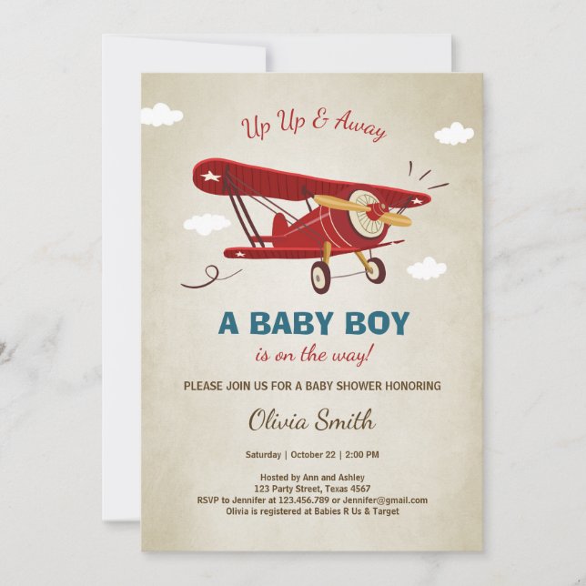 Airplane Baby Shower Invitation Travel Adventure (Front)