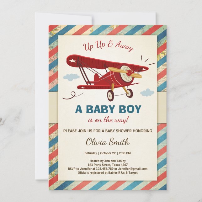 Airplane Baby Shower Invitation Travel Adventure (Front)