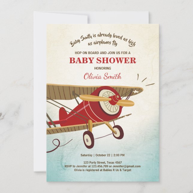 Airplane Baby Shower Invitation Travel Adventure (Front)