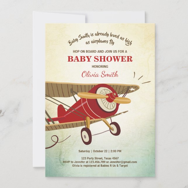 Airplane Baby Shower Invitation Travel Adventure (Front)