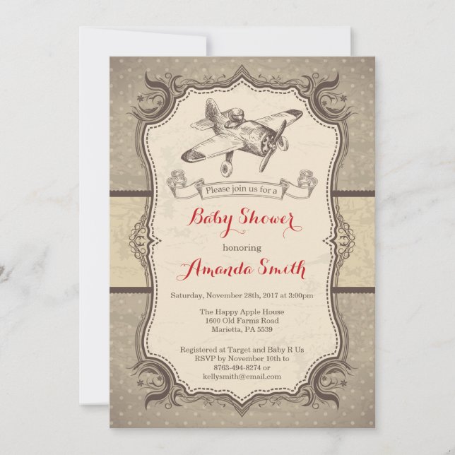 Airplane Baby Shower Invitation Vintage Retro (Front)