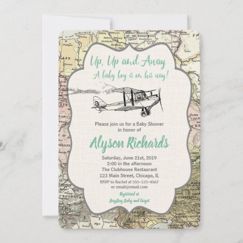 Airplane baby shower invitations boy vintage map