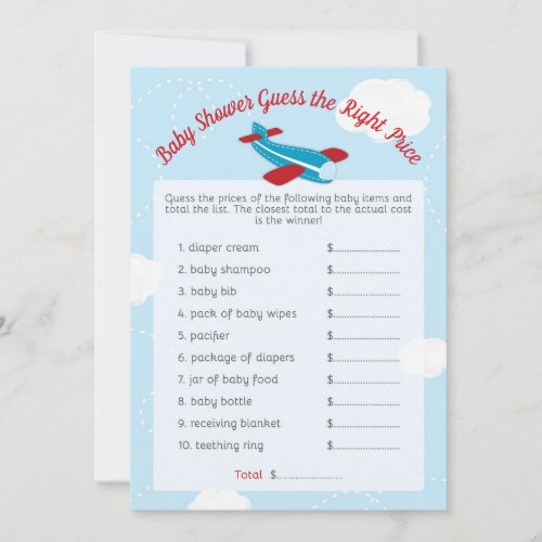 Airplane Baby Shower Price Game Cards