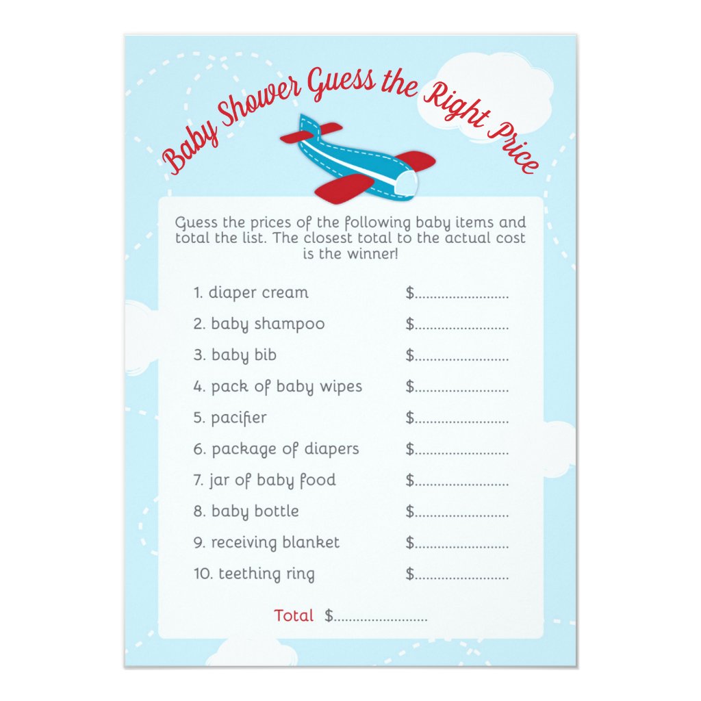 Airplane Baby Shower Price Game Cards