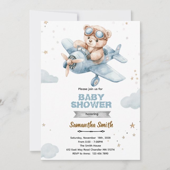 Airplane Bear Baby Shower Invitation (Front)