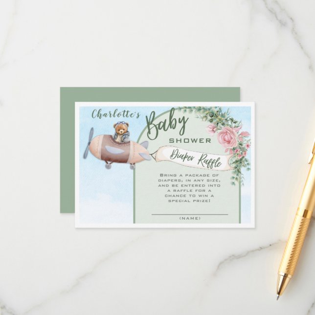 Airplane Bear Pilot Baby Shower Diaper Raffle Enclosure Card (Front/Back In Situ)