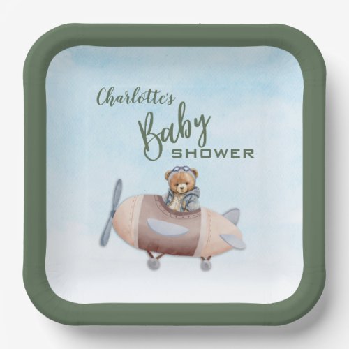 Airplane Bear Pilot Baby Shower Paper Plate