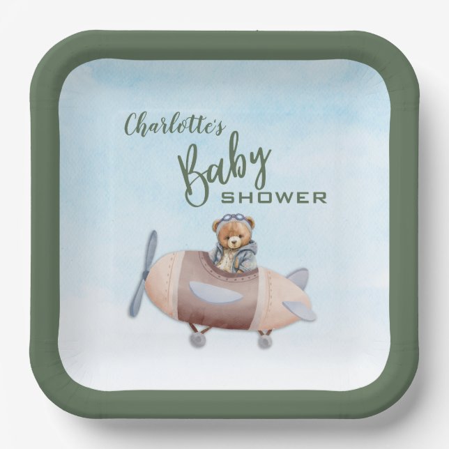 Airplane Bear Pilot Baby Shower Paper Plate (Front)